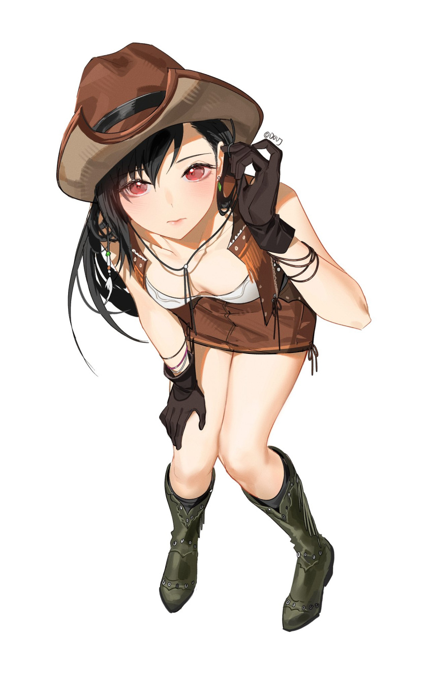 1girl adjusting_hair asymmetrical_bangs bangs black_footwear black_gloves black_hair boots breasts brown_headwear brown_skirt brown_vest closed_mouth cowboy_boots cowboy_hat cowboy_western crisis_core_final_fantasy_vii cropped_vest dangle_earrings duoj_ji earrings final_fantasy final_fantasy_vii full_body gloves hair_behind_ear hair_between_eyes hand_on_own_thigh hat highres jewelry knees_together_feet_apart leaning_forward looking_at_viewer multiple_bracelets official_alternate_costume red_eyes shirt skirt solo tifa_lockhart twitter_username vest white_background white_shirt