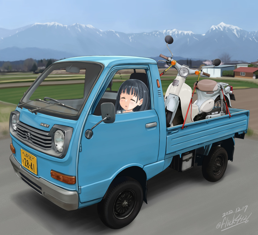 1girl black_hair closed_eyes commentary_request daihatsu daihatsu_hijet day eniwa_shii flick_(sal23) ground_vehicle highres honda_super_cub mole mole_under_eye motor_vehicle mountainous_horizon outdoors scooter sleeping solo super_cub truck