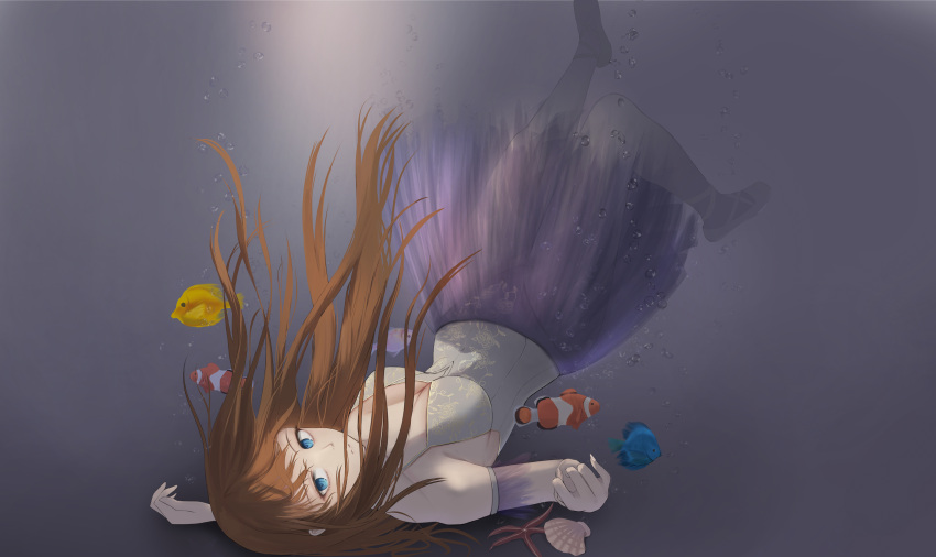 1girl absurdres alc.3vol ballerina ballet ballet_dress ballet_slippers bangs blue_eyes breasts brown_hair closed_mouth dress fish full_body highres long_hair looking_at_viewer medium_breasts original pantyhose simple_background solo starfish tutu underwater white_dress white_pantyhose