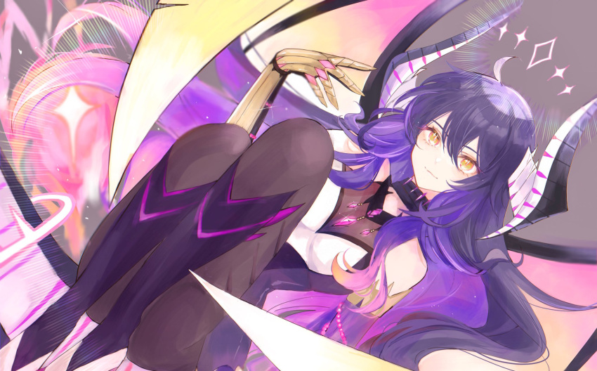 1girl asa_(1asa-0-asa1) commentary commission dragon dragon_girl dragon_horns dragon_wings elbow_gloves english_commentary gloves highres horns indie_virtual_youtuber jewelry kimochi_(vtuber) leggings legs long_hair monster_girl multicolored_hair necklace pantyhose purple_hair simple_background skeb_commission solo wings yellow_eyes
