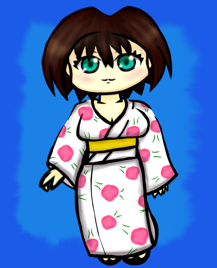 1girl black_cat_(series) blue_background blue_eyes blush breasts brown_hair chibi full_body highres japanese_clothes kerubin_art kimono medium_breasts minatsuki_saya short_hair simple_background solo