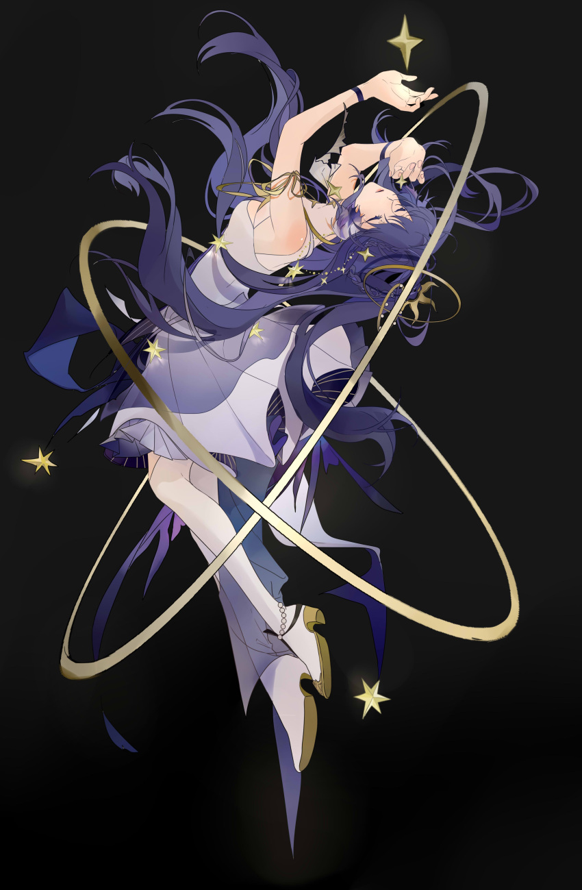 1girl absurdres arched_back arknights astesia_(arknights) astesia_(frlibre_on_the_palace)_(arknights) black_background blue_hair closed_eyes dress full_body hair_ornament high_heels highres latutou1 long_hair orbital_ring simple_background solo star_(symbol) white_dress