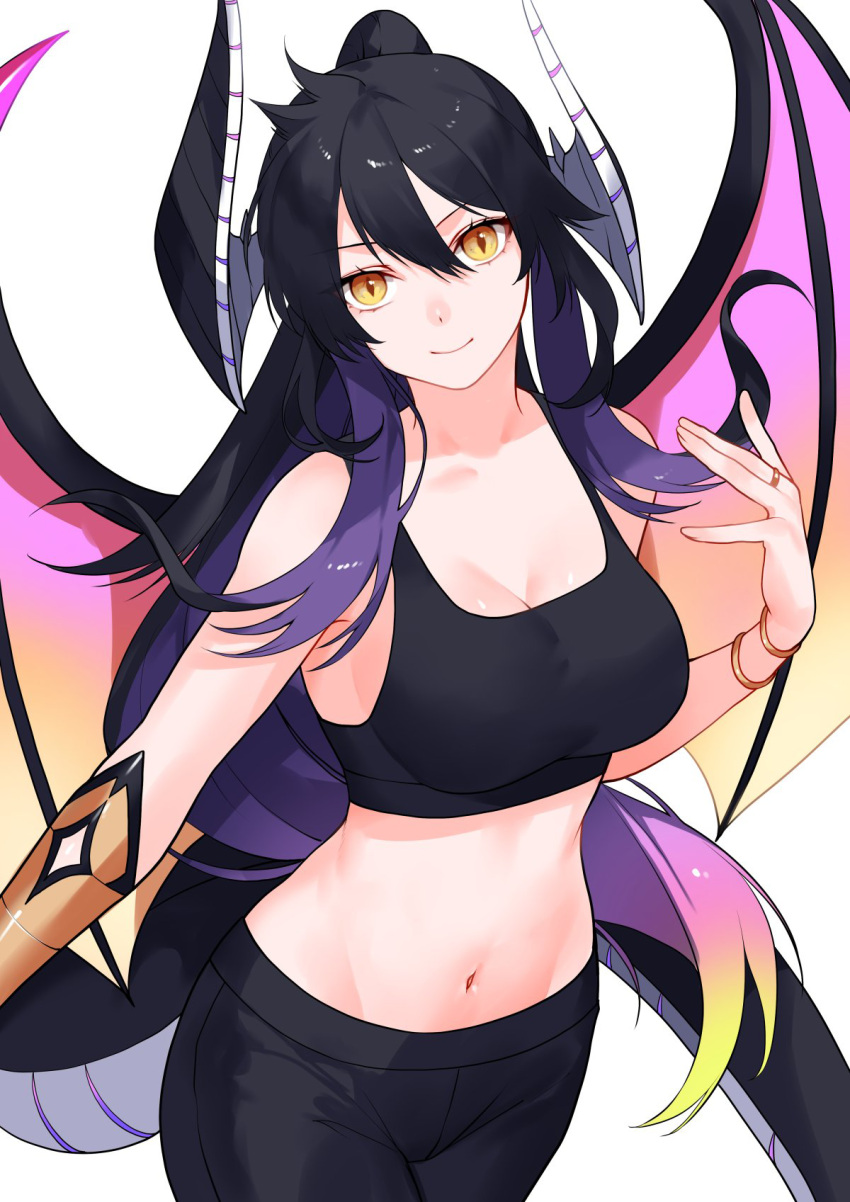 1girl bracelet breasts dragon dragon_girl dragon_horns dragon_tail dragon_wings highres horns indie_virtual_youtuber jewelry kimochi_(vtuber) long_hair looking_at_viewer multicolored_hair navel pants ponytail purple_hair smile sports_bra tail waka_(shark_waka) wings yellow_eyes yoga_pants