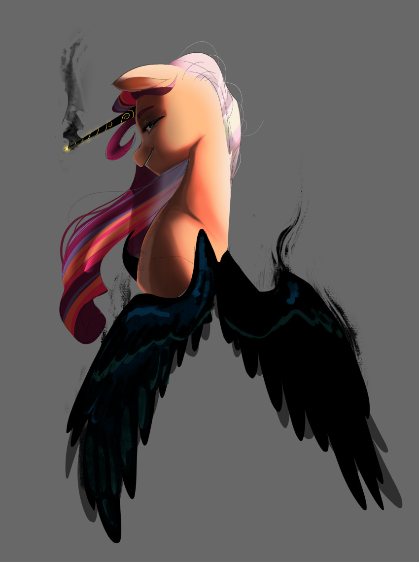 aztrial corruption equid equine evil_grin hasbro hi_res horn looking_at_viewer mammal mlp_g5 my_little_pony portrait smile smoke solo sunny_starscout_(mlp) winged_unicorn wings