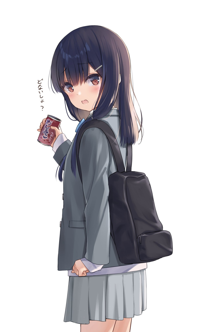 1girl :o arm_at_side backpack bag bangs black_bag black_hair blazer blush brown_eyes can commentary_request cowboy_shot from_side grey_jacket grey_skirt hair_ornament hairclip hand_up highres holding holding_can jacket long_hair long_sleeves looking_at_viewer na-ga open_mouth original school_uniform simple_background skirt sleeves_past_wrists solo standing translation_request white_background