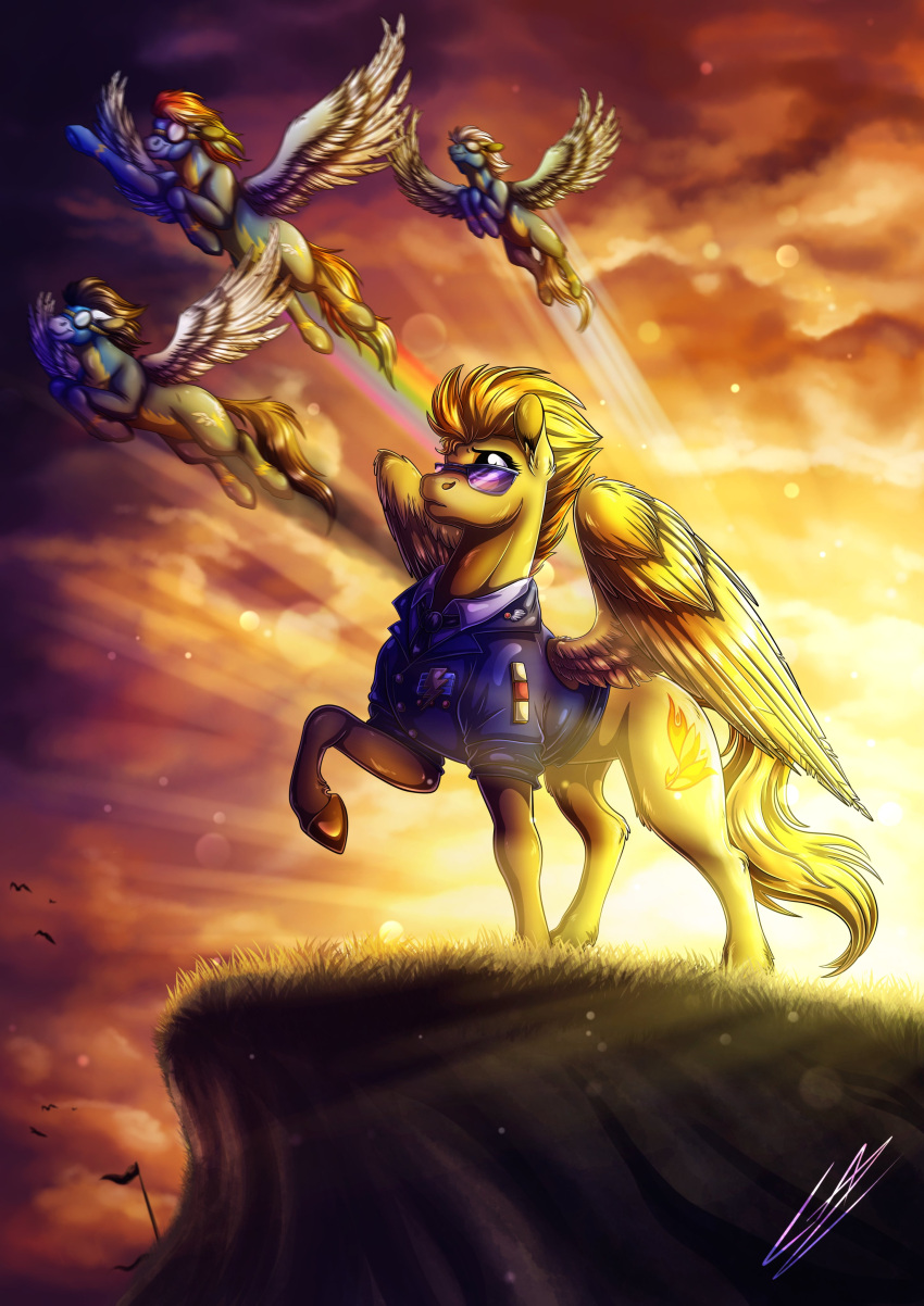 absurd_res clothing equid equine eyewear female fleetfoot_(mlp) flying friendship_is_magic goggles hasbro hi_res hooves lupiarts mammal my_little_pony pegasus rainbow_dash_(mlp) skinsuit soarin_(mlp) spitfire_(mlp) sunglasses sunset tight_clothing wings wonderbolts_(mlp)