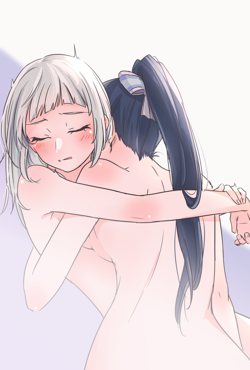 2girls arashi_chisato arm_between_legs arms_around_back aroused black_hair breast_press breasts closed_eyes commentary_request completely_nude fingernails fog hair_down hair_ribbon hand_on_own_wrist hazuki_ren head_on_another's_shoulder highres hug implied_kiss kikorinolily large_breasts long_hair love_live! love_live!_superstar!! multiple_girls nude parted_lips ponytail ribbon small_breasts symmetrical_docking twitching two-tone_background white_hair yuri