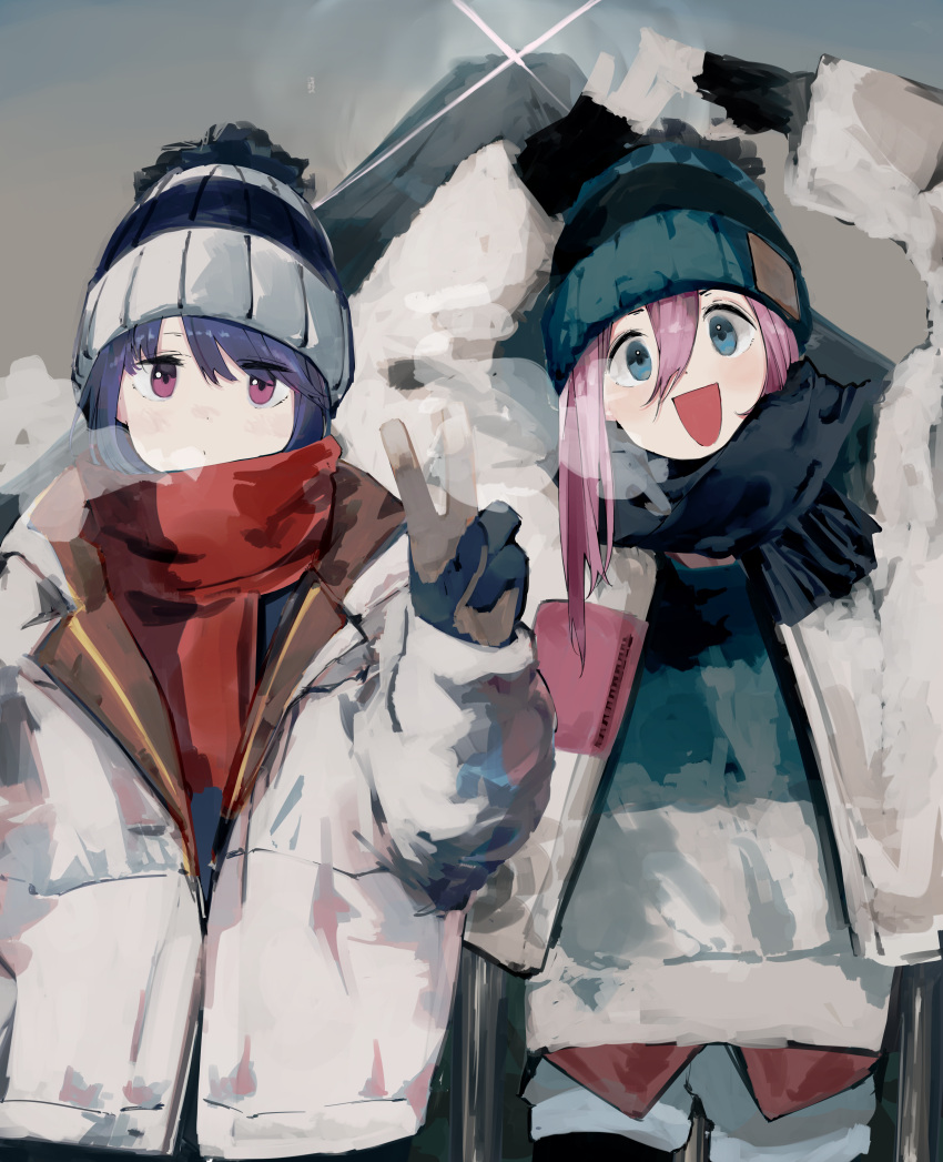 2girls :d absurdres beanie blue_eyes blue_hair breath gloves hat highres jacket kagamihara_nadeshiko leadin_the_sky mount_fuji multiple_girls pink_hair purple_eyes scarf shima_rin smile v yurucamp