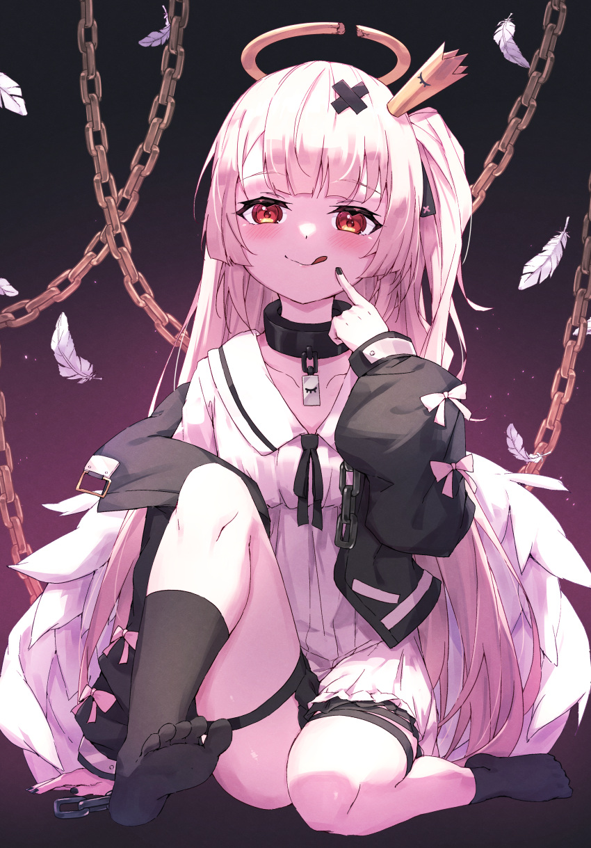 1girl :q absurdres black_jacket black_nails black_ribbon black_socks chain closed_mouth collared_dress commentary_request crown dress feathers hair_ornament hair_ribbon halo hand_up highres indie_virtual_youtuber jacket knee_up long_hair long_sleeves looking_at_viewer masaki_(msk064) mini_crown nail_polish no_shoes off_shoulder one_side_up open_clothes open_jacket puffy_long_sleeves puffy_sleeves red_eyes ribbon sitting sleeves_past_wrists smile socks soles solo tilted_headwear tokusari_kukuri tongue tongue_out very_long_hair virtual_youtuber white_dress white_feathers white_hair x_hair_ornament