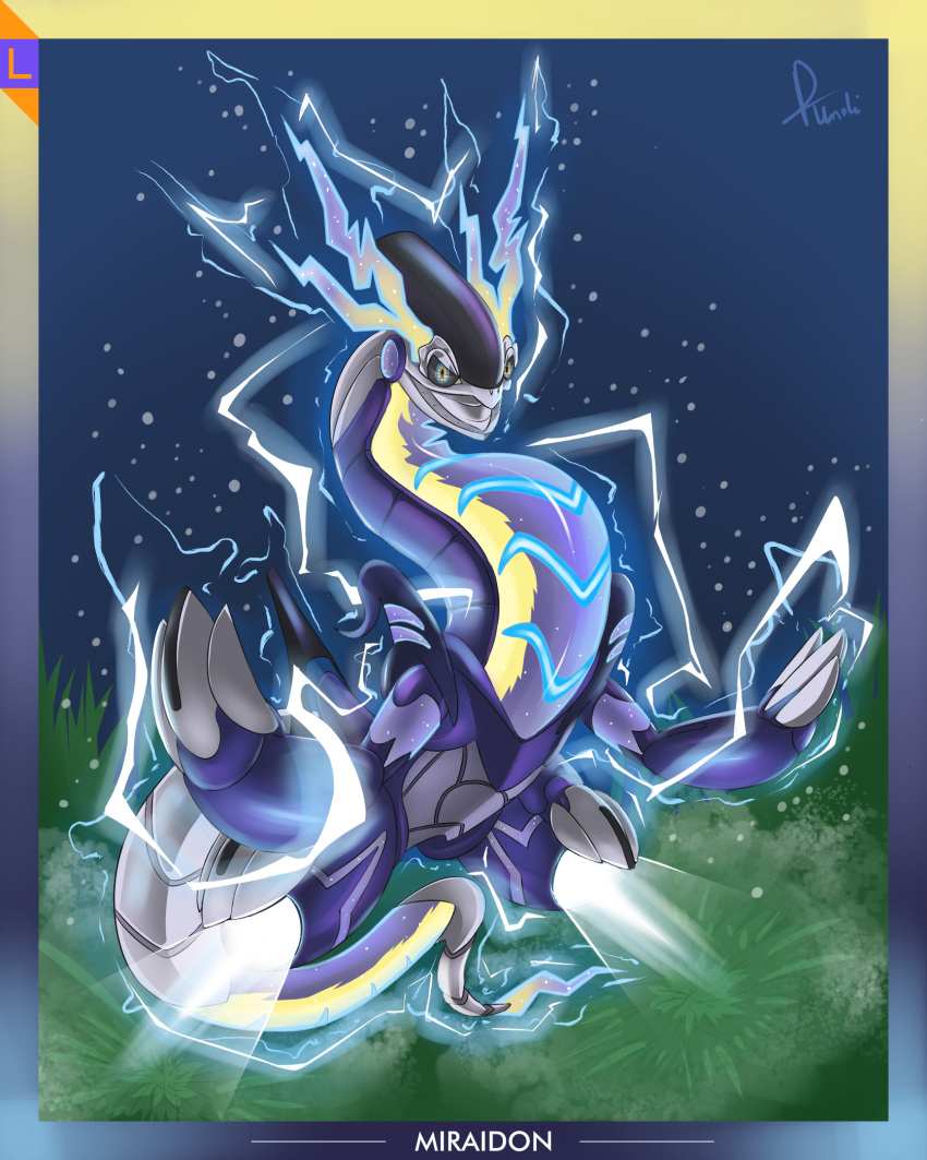 ambiguous_gender armor blue card claws digital_media_(artwork) generation_9_pokemon hi_res invalid_color legendary_pokemon lightning machine metal miraidon nintendo pokemon pokemon_(species) purple robot tail thruster undifinder video_games yellow