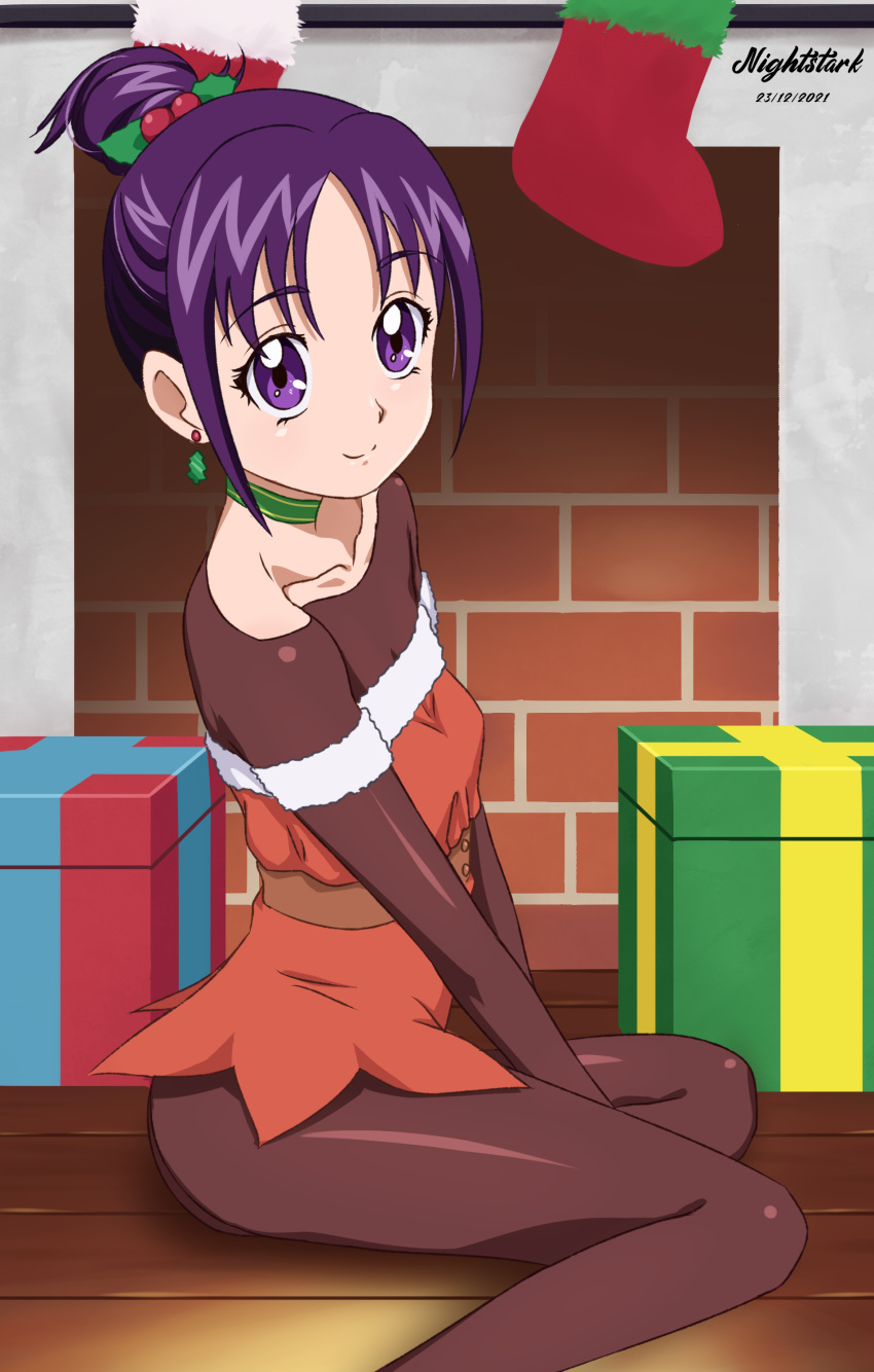 1girl absurdres alternate_hairstyle artist_name bangs bare_shoulders brick_wall brown_bodysuit choker christmas christmas_stocking christmas_tree_earrings closed_mouth commentary dated dress earrings english_commentary fireplace from_side full_body futari_wa_precure_splash_star gift green_choker hair_bun hair_ornament hair_up highres holly_hair_ornament indoors jewelry long_sleeves looking_at_viewer microdress mishou_mai nightstark off-shoulder_dress off_shoulder on_floor precure purple_hair red_dress short_hair sitting smile solo wooden_floor yokozuwari