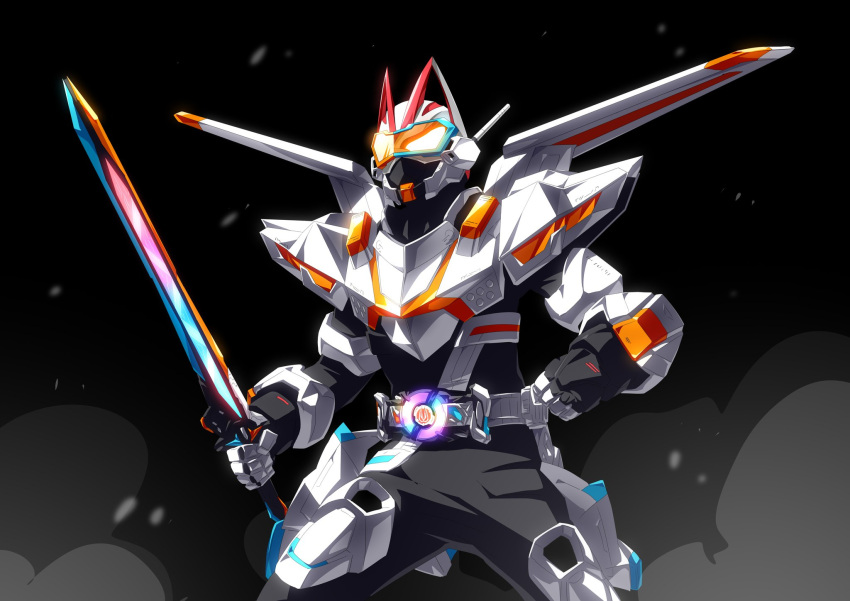 1boy animal_ears antennae black_background black_bodysuit bodysuit clenched_hands command_buckle commentary desire_driver driver_(kamen_rider) earpiece fighting_stance fox fox_ears goggles highres holding holding_sword holding_weapon kamen_rider kamen_rider_geats kamen_rider_geats_(series) kamen_rider_geats_command_form:jet_mode leg_armor microphone orange-tinted_eyewear orange_eyes otokamu raise_sword rider_belt sword tinted_eyewear tokusatsu upper_body visor_(armor) weapon wings