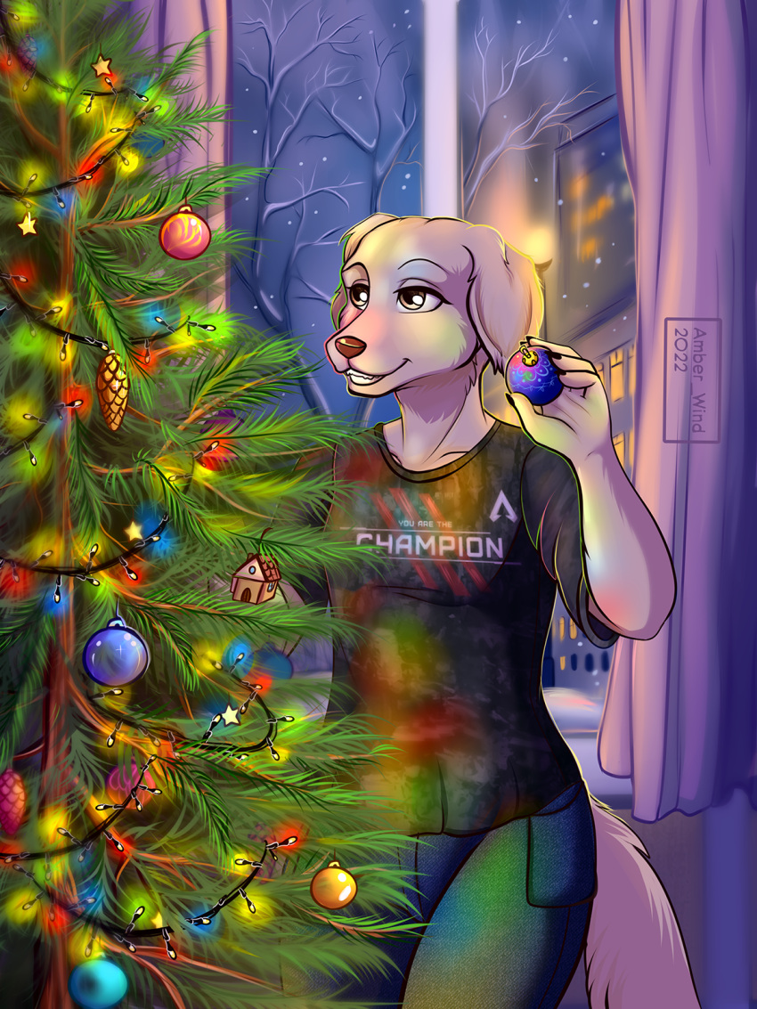 2022 5_fingers amber_wind anthro beastars bird_dog black_nose bottomwear canid canine canis christmas christmas_lights christmas_tree claws clothed clothing domestic_dog finger_claws fingers fur garland grin hi_res holidays humanoid_hands hunting_dog jack_(beastars) labrador male mammal night pants plant retriever shirt signature smile snow snowing solo standing t-shirt tan_body tan_fur teeth topwear tree