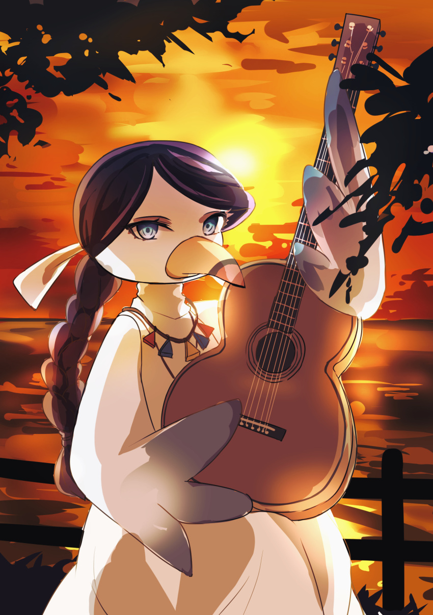 1girl absurdres animalization beak black_hair blue_eyes braid braided_ponytail character_request cloud guitar highres holding holding_instrument horizon instrument kamu_kotan long_hair looking_at_viewer ocean okaasan_to_issho orange_sky outdoors sky solo sunset