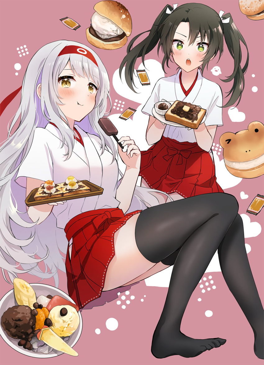 2girls anbutter_siruko bangs black_thighhighs blush bowl closed_mouth dark_green_hair eating food green_eyes hair_between_eyes hair_ribbon hairband hakama hakama_skirt headband highres holding holding_food japanese_clothes kantai_collection long_hair multiple_girls open_mouth red_hakama red_headband ribbon short_sleeves shoukaku_(kancolle) skirt smile thighhighs twintails wagashi white_hair white_ribbon yellow_eyes zettai_ryouiki zuikaku_(kancolle)