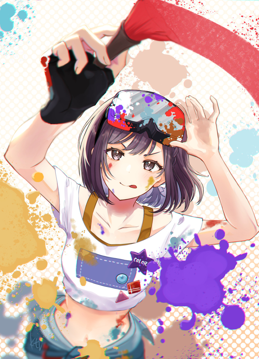 1girl arm_up bangs blush brown_eyes brown_hair fingerless_gloves from_above gloves goggles goggles_on_head hand_on_eyewear highres holding holding_paintbrush ktori midriff navel paint_on_body paint_on_clothes paint_splatter paintbrush painting_(action) project_sekai shinonome_ena shirt short_hair shorts single_fingerless_glove smile solo t-shirt tongue tongue_out v-shaped_eyebrows