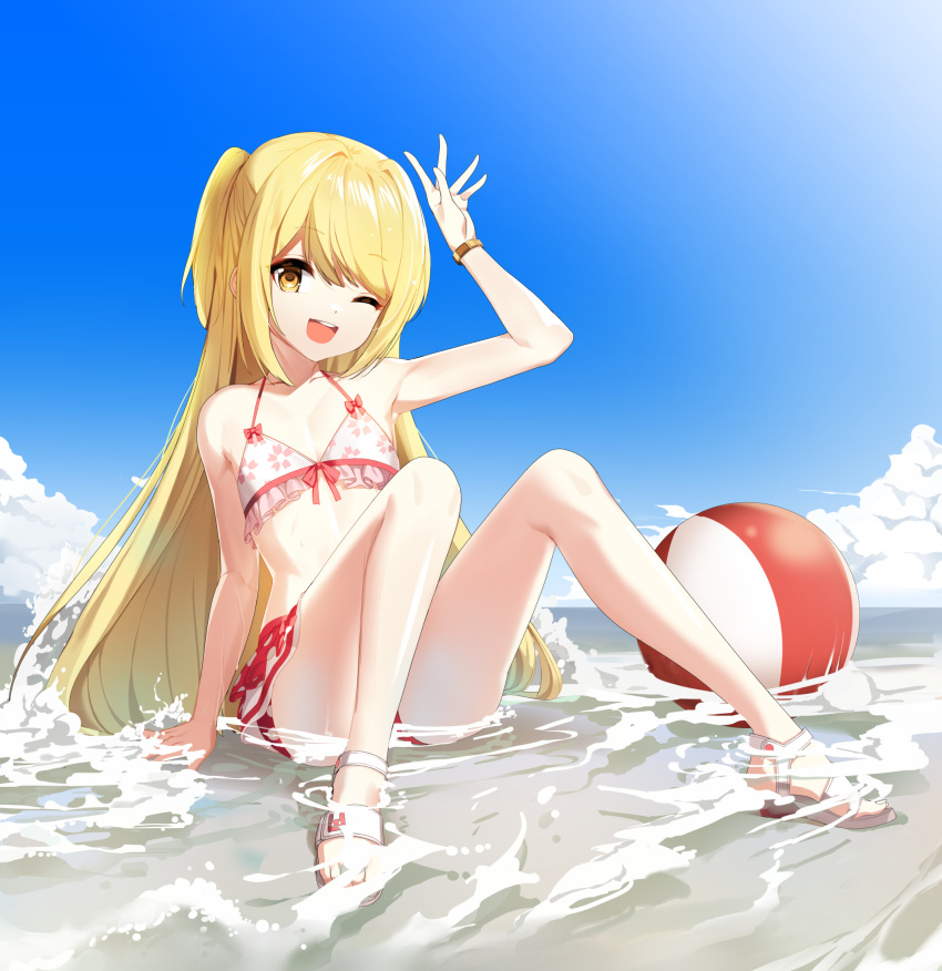 1girl ;d arm_up armpits ball bare_arms bare_legs bare_shoulders beach beachball bikini bikini_skirt blonde_hair closers collarbone convenient_leg day feet frilled_bikini frills halterneck highres knees_up legs long_hair looking_at_viewer lucy_(closers) official_art one_eye_closed one_side_up outdoors sandals sitting smile solo string_bikini sunlight swimsuit toes very_long_hair water white_bikini wristband yellow_eyes
