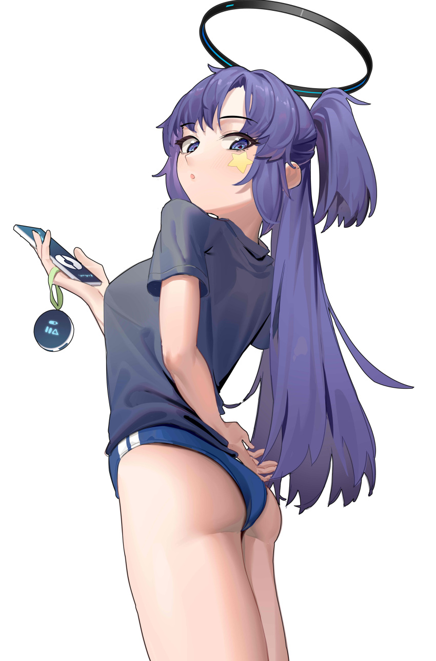 1girl :o absurdres arched_back arm_behind_back ass bangs black_shirt blue_archive blue_buruma blue_eyes blue_hair blush breasts buruma cellphone commentary cowboy_shot doufu_(pixiv9093484) from_behind from_side gym_uniform halo highres holding holding_phone holding_stopwatch long_hair looking_at_viewer looking_back medium_breasts official_alternate_costume parted_bangs parted_lips phone ponytail shirt short_sleeves simple_background smartphone solo standing star_sticker sticker_on_face stopwatch t-shirt thighs white_background yuuka_(blue_archive) yuuka_(gym_uniform)_(blue_archive)