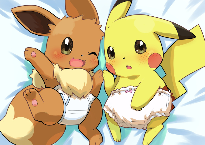 2022 blush bow_panties briefs brown_body brown_fur chest_tuft clothed clothing colored_seam_underwear dipstick_ears dipstick_tail duo eevee female feral fur generation_1_pokemon hi_res lying male markings multicolored_ears nintendo on_back one_eye_closed open_mouth open_smile panties panties_only paw_holding paws pikachu pink_clothing pink_panties pink_underwear pokemon pokemon_(species) raised_paw smile tail_markings topless tuft underwear underwear_only video_games wadorigi white_briefs white_clothing white_underwear yellow_body