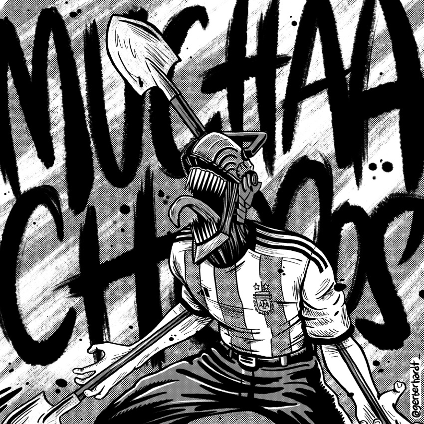 1boy 2022_fifa_world_cup argentina belt chainsaw_man denji_(chainsaw_man) german_eberhardt highres open_mouth pants parody sharp_teeth shovel solo spanish_commentary spanish_text teeth tongue tongue_out twitter_username world_cup