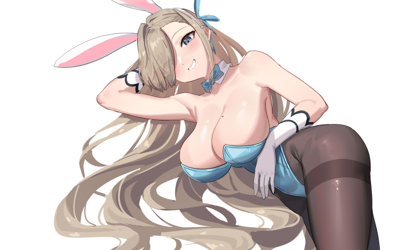 1girl absurdres animal_ears arm_up armpits asuna_(blue_archive) asuna_(bunny)_(blue_archive) bangs bare_shoulders black_pantyhose blue_archive blue_bow blue_bowtie blue_eyes blue_leotard blue_ribbon blush bow bowtie breasts cleavage commentary cowboy_shot detached_collar doufu_(pixiv9093484) elbow_gloves eyes_visible_through_hair fake_animal_ears gloves hair_over_one_eye hair_ribbon highleg highleg_leotard highres large_breasts leotard light_brown_hair long_hair looking_at_viewer lying mole mole_on_breast on_side pantyhose parted_lips playboy_bunny rabbit_ears ribbon simple_background smile solo strapless strapless_leotard swept_bangs thighband_pantyhose very_long_hair white_background white_gloves