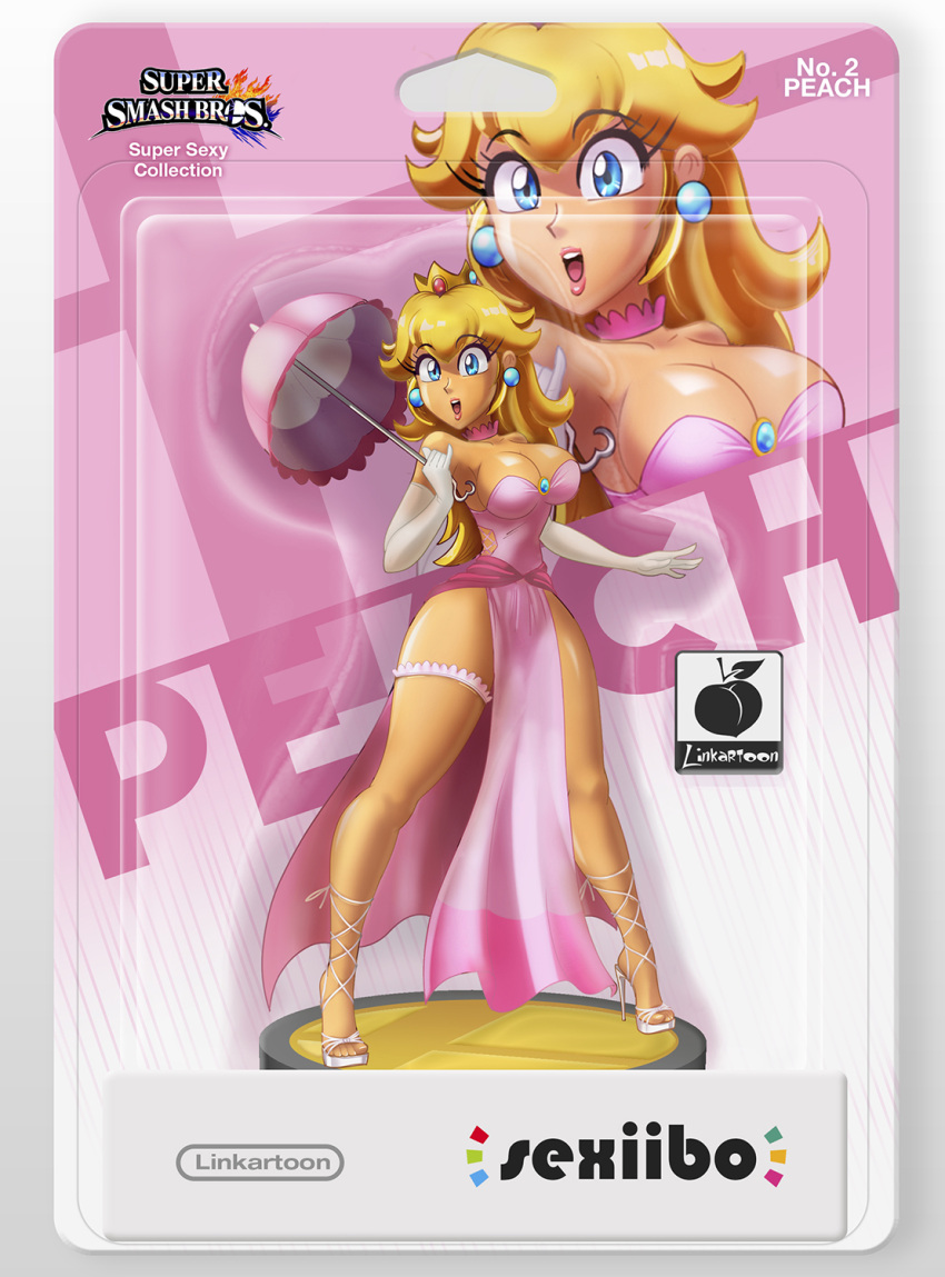 amiibo blue_eyes dress earrings gloves highres jewelry linkartoon mario_(series) nintendo parasol pink_dress pink_lips princess_peach solo super_smash_bros. umbrella white_gloves