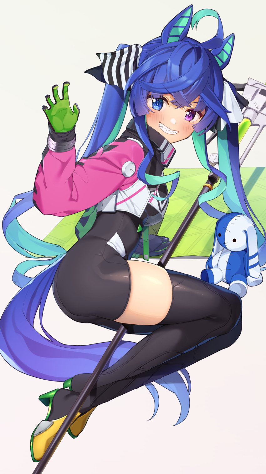 1girl @_@ absurdres adapted_costume ahoge animal_ears bangs black_bodysuit black_footwear blue_eyes blue_hair blush bodysuit boots breasts cosplay cropped_jacket crossed_bangs flag full_body gloves grey_background grin hand_up hatsune_miku hatsune_miku_(cosplay) heterochromia high_heels highres horse_ears horse_girl horse_tail long_hair long_sleeves looking_at_viewer parutoneru purple_eyes racing_miku racing_miku_(2022) sharp_teeth simple_background single_boot small_breasts smile solo stuffed_animal stuffed_bunny stuffed_toy tail teeth thigh_boots twin_turbo_(umamusume) twintails umamusume vocaloid