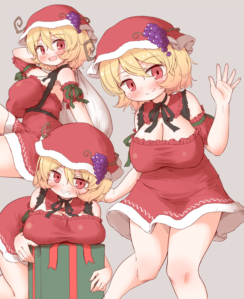 1girl aki_minoriko arinu blonde_hair blush box breasts cleavage closed_mouth fruit_hat_ornament gift gift_box grape_hat_ornament grey_background grin hair_between_eyes hat hat_ornament highres holding holding_sack large_breasts multiple_views open_mouth red_eyes red_headwear sack santa_costume short_hair simple_background smile touhou