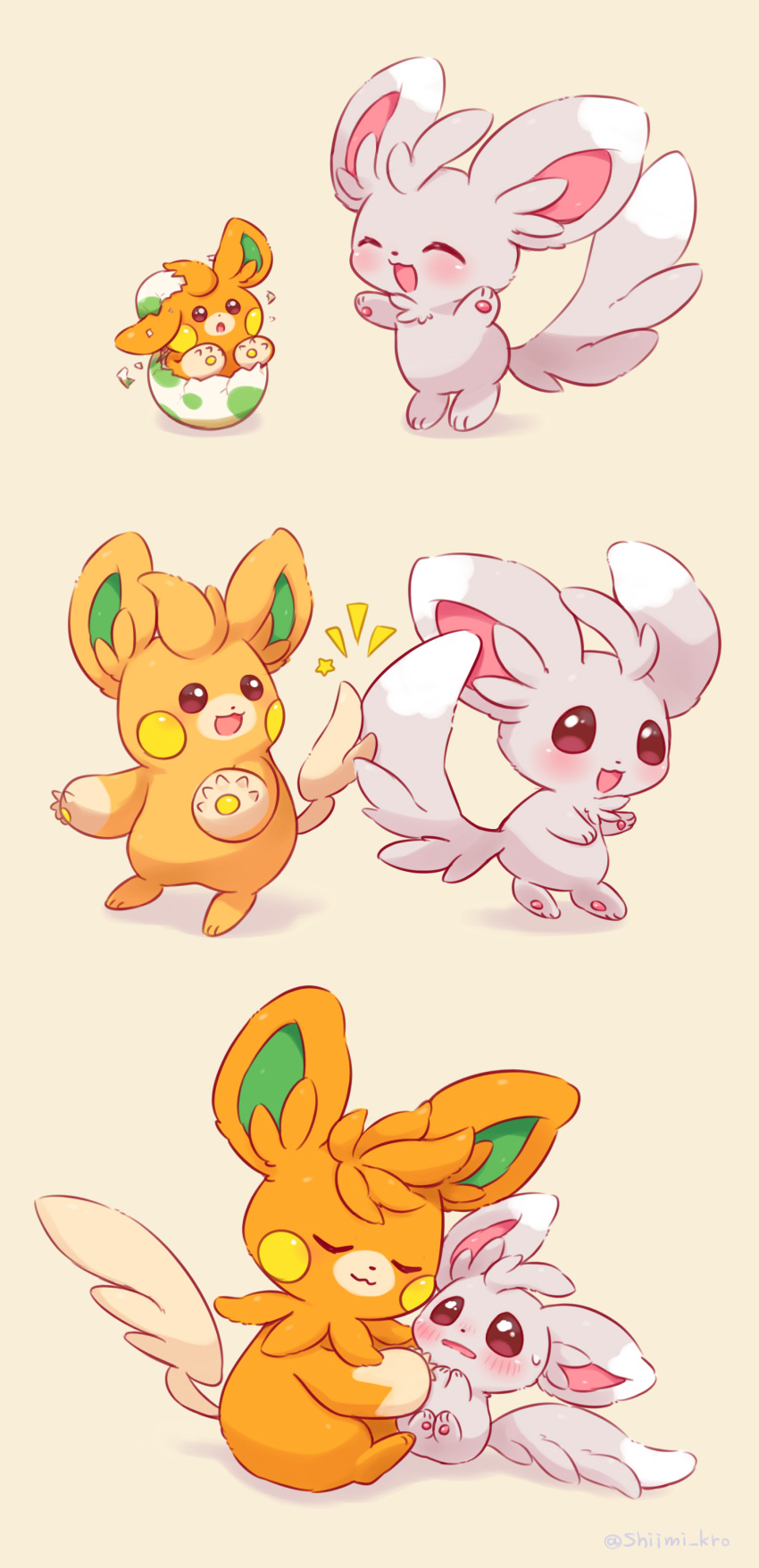 :3 absurdres blush brown_eyes closed_eyes closed_mouth commentary_request egg evolutionary_line hatching highres minccino no_humans notice_lines pawmi pawmo pawmot pokemon pokemon_(creature) pokemon_egg shii_(no-va_could) smile star_(symbol) u_u