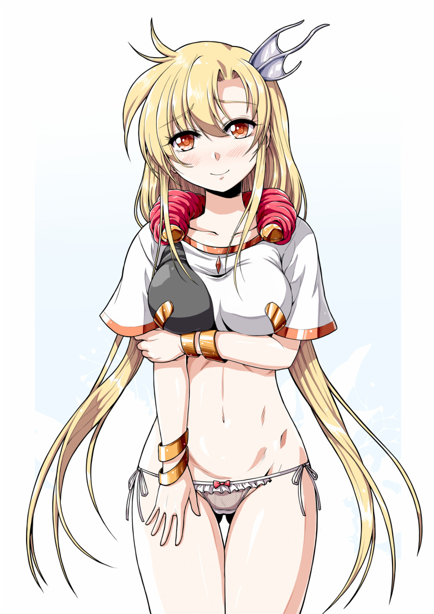 1girl ass_visible_through_thighs blonde_hair blush bow bow_panties bracelet breasts brown_eyes collarbone cowboy_shot crop_top frilled_panties frills groin highres jewelry kyo9999 langrisser langrisser_ii long_hair looking_at_viewer medium_breasts navel no_pants panties riana_(langrisser) short_sleeves side-tie_panties simple_background smile solo thigh_gap underwear very_long_hair white_background wing_hair_ornament