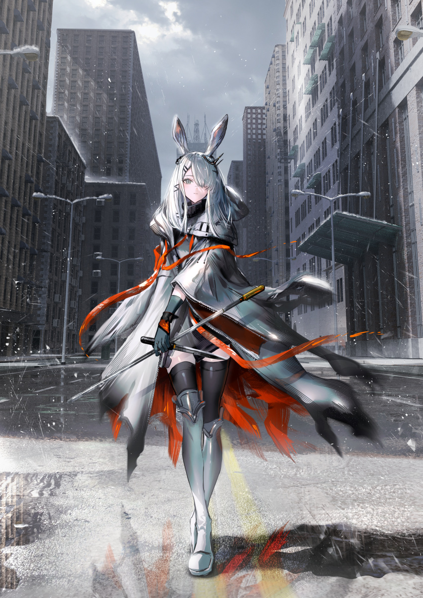 1girl absurdres animal_ears arknights armored_boots black_gloves black_thighhighs boots coat day ear_ornament frostnova_(arknights) full_body gloves grey_eyes grey_sky hair_ornament hair_over_one_eye hairclip highres holding holding_sword holding_weapon lamppost long_hair looking_at_viewer nanaponi outdoors overcast rabbit_ears scar scar_on_face scar_on_nose snow solo standing sword thighhighs weapon white_coat white_hair