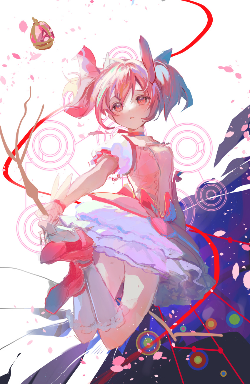 1girl abstract_background absurdres blush bow bow_(weapon) commentary dress full_body hair_bow highres holding holding_bow_(weapon) holding_weapon jumping kaname_madoka kikinoki kneehighs looking_at_viewer looking_back mahou_shoujo_madoka_magica parted_lips petals pink_bow pink_dress pink_eyes pink_footwear pink_hair purple_background red_ribbon ribbon socks solo soul_gem twintails twisted_torso weapon white_background white_socks