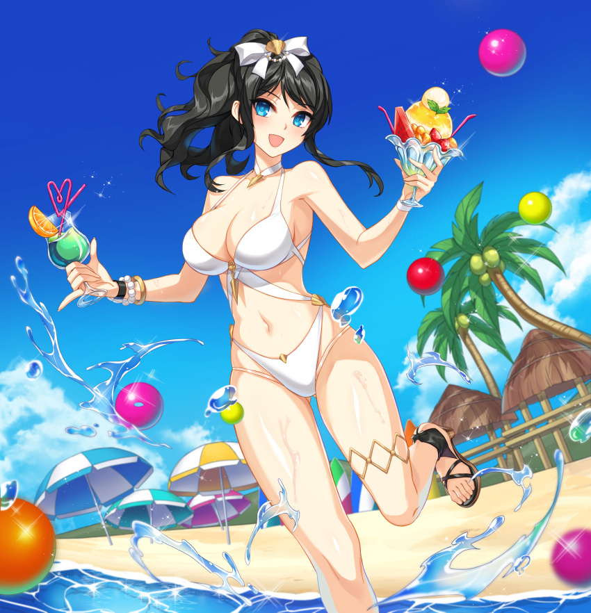 1girl armpits ass_visible_through_thighs bare_shoulders beach bead_bracelet beads bikini black_hair blue_eyes bow bracelet breasts choker cleavage closers cup day drinking_glass feet food foot_out_of_frame hair_bow halterneck highleg highleg_bikini highres holding hurricane_glass ice_cream jewelry large_breasts legs long_hair looking_at_viewer multi-strapped_bikini navel official_art open_mouth outdoors ponytail sandals skindentation smile solo stomach string_bikini swimsuit thighlet thighs toes tropical_drink water wavy_hair wet white_bikini white_choker yuri_seo