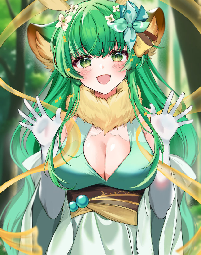 1girl :d absurdres animal_ear_fluff animal_ears antler_ornament antlers blush breasts cleavage deer_ears detached_sleeves dress elbow_gloves english_commentary flower fur-trimmed_dress fur_trim gloves green_dress green_eyes green_hair hair_flower hair_ornament haruka_karibu highres large_breasts long_hair looking_at_viewer open_mouth reindeer_antlers reindeer_girl ribbon smile virtual_youtuber vshojo white_gloves white_sleeves yellow_ribbon yuniiho