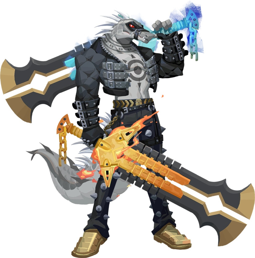 anthro belt clothing crocodile crocodilian crocodylid daylon_(dislyte) dislyte fingerless_gloves gloves handwear male mask melee_weapon official_art reptile scalie sealed_mouth sobek solo spiked_clothing spikes sword tattoo unknown_artist weapon