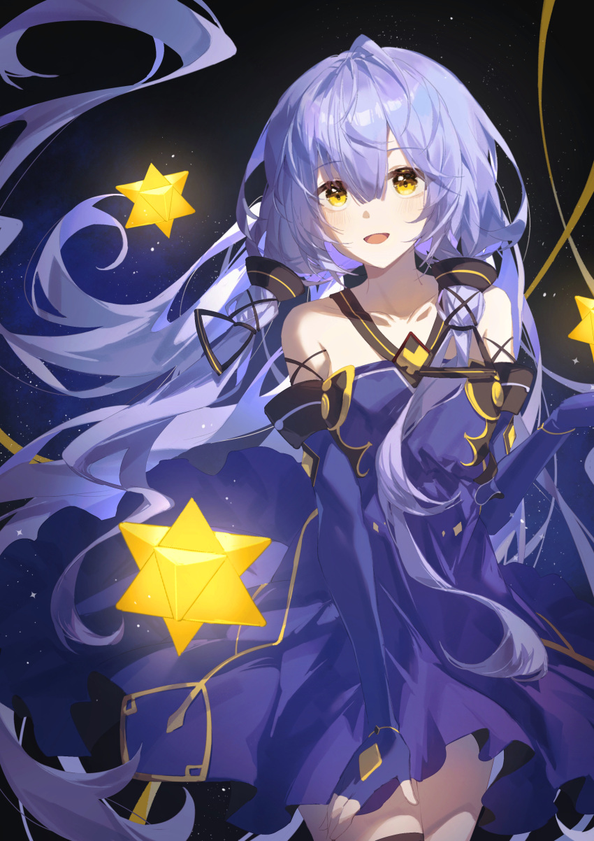 1girl absurdres bangs blue_hair blush dress elbow_gloves fingerless_gloves floating_hair gloves glowing hair_ornament halter_dress halterneck highres kiduki long_hair night night_sky open_mouth ribbon single_thighhigh sky sleeveless sleeveless_dress smile solo star_(sky) star_(symbol) starry_sky stellated_octahedron thighhighs very_long_hair vocaloid xingchen yellow_eyes