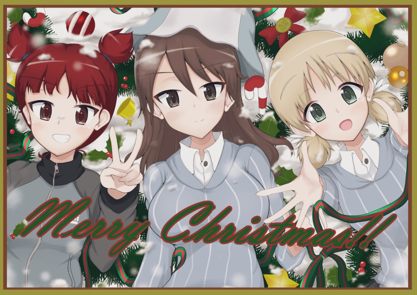 3girls aki_(girls_und_panzer) bangs bell blue_headwear blue_jacket blue_shirt blunt_bangs border brown_border brown_eyes brown_hair candy candy_cane christmas christmas_ornaments christmas_tree closed_mouth commentary_request dress_shirt english_text food girls_und_panzer green_eyes grin hair_tie hat highres jacket keizoku_military_uniform keizoku_school_uniform light_brown_hair long_hair long_sleeves looking_at_viewer low_twintails merry_christmas mika_(girls_und_panzer) mikko_(girls_und_panzer) military military_uniform multiple_girls open_mouth raglan_sleeves rareoil_birth reaching_towards_viewer red_eyes red_hair school_uniform shirt short_hair short_twintails side-by-side smile snow snowing star_ornament striped striped_shirt track_jacket tulip_hat twintails uniform vertical-striped_shirt vertical_stripes very_long_hair white_shirt wing_collar zipper