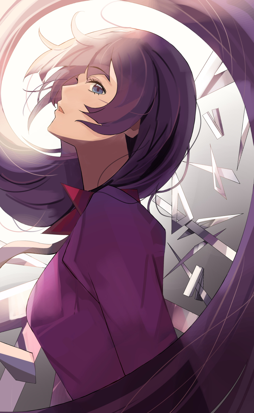 1girl absurdres bakemonogatari bangs blue_eyes breasts chisaku collar commentary eyelashes from_side gradient gradient_background grey_background grey_necktie head_back highres juliet_sleeves long_hair long_sleeves looking_at_viewer medium_breasts monogatari_(series) naoetsu_high_school_uniform necktie open_mouth puffy_sleeves purple_hair purple_shirt red_collar ruler school_uniform senjougahara_hitagi shiny shiny_hair shirt sidelocks solo stapler stationery upper_body very_long_hair