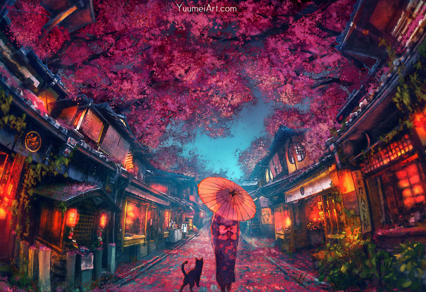 1girl architecture back black_cat bush cat cherry_blossoms east_asian_architecture english_text evening fisheye highres holding holding_umbrella japan japanese_clothes kimono oil-paper_umbrella original path plant shop tree umbrella vines walking yuumei