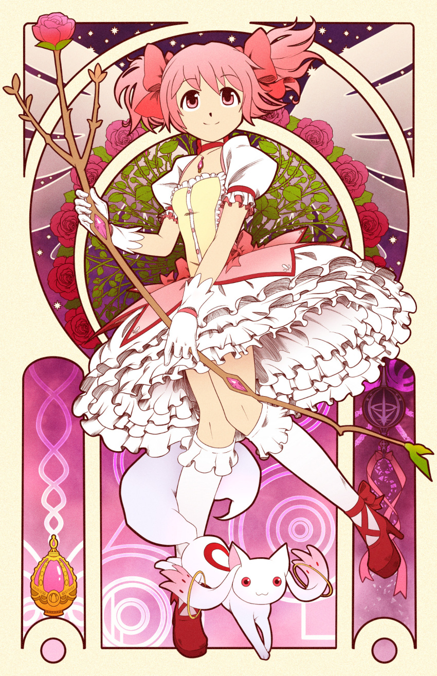 1girl ankle_ribbon ankle_strap art_nouveau bobby_socks bow bow_(weapon) breasts bubble_skirt bud buttons center_frills choker closed_mouth collarbone creature cross-laced_footwear floral_background flower frilled_skirt frilled_sleeves frills gem gloves gradient gradient_background grief_seed hair_ribbon high_heels highres holding holding_bow_(weapon) holding_weapon kaname_madoka knees_together_feet_apart kyubey layered_shirt leaf leg_ribbon looking_afar magic_circle mahou_shoujo_madoka_magica pink_background pink_bow pink_eyes pink_flower pink_gemstone pink_hair pink_rose puffy_short_sleeves puffy_sleeves pumps purple_background red_choker red_flower red_footwear red_ribbon red_rose ribbon ribbon_choker rose shoes short_sleeves short_twintails simple_background skirt small_breasts smile smudgeandfrank socks solo soul_gem sparkle sparkle_background standing standing_on_one_leg tareme thorns transparent_wings twintails waist_bow weapon white_gloves white_skirt white_socks white_wings wings yellow_background