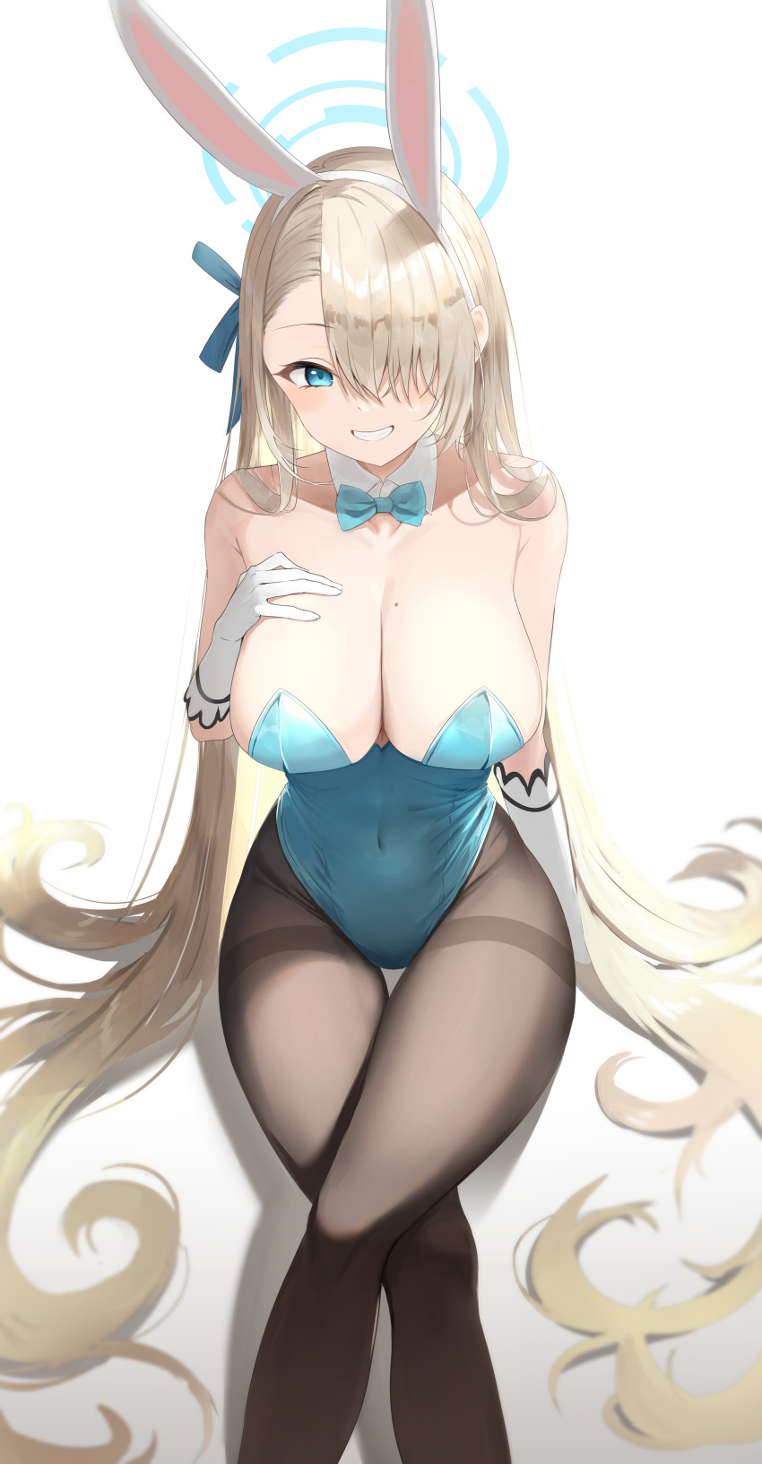 1girl absurdres animal_ears asuna_(blue_archive) asuna_(bunny)_(blue_archive) asymmetrical_bangs bangs bare_shoulders blue_archive blue_bow blue_bowtie blue_eyes blue_leotard bow bowtie breast_suppress breasts cleavage collarbone covered_navel crossed_legs detached_collar elbow_gloves fake_animal_ears from_above gloves grin hair_over_one_eye hair_ribbon halo hand_on_own_chest highleg highleg_leotard highres large_breasts leotard light_brown_hair long_hair looking_at_viewer mole mole_on_breast official_alternate_costume pantyhose playboy_bunny rabbit_ears ribbon simple_background sitting smile strapless strapless_leotard thigh_gap thighband_pantyhose three_twosix traditional_bowtie very_long_hair white_background white_gloves