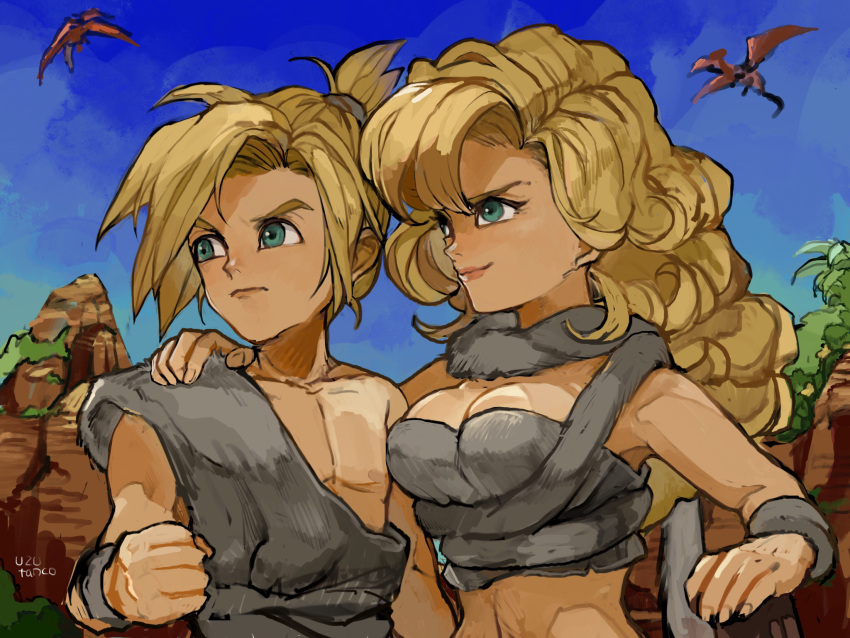 1boy 1girl ayla_(chrono_trigger) bangs blonde_hair blue_eyes blue_sky breasts caveman chrono_trigger cleavage clenched_hand closed_mouth couple curly_hair day dinosaur fur_cuffs fur_scarf grey_fur hand_on_another's_shoulder high_ponytail highres kino_(chrono_trigger) large_breasts lips long_hair looking_afar medium_hair midriff mountain outdoors parted_bangs pectorals ponytail pterosaur short_ponytail sky tree upper_body uzutanco