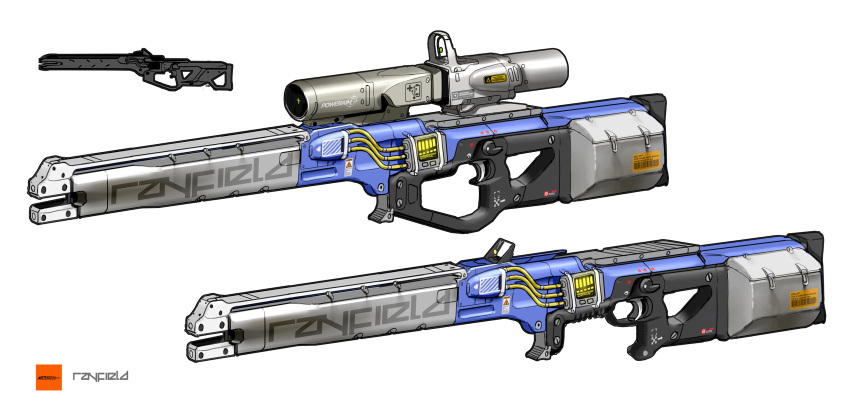 asterozoa cable energy_gun english_commentary gun highres no_humans original railgun science_fiction scope variations weapon weapon_focus white_background