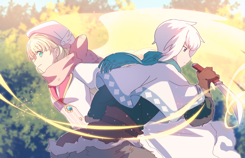 aqua_scarf bangs blonde_hair blue_eyes churi_(pfsoz) cocomo_(pfsoz) day highres holding holding_knife knife long_hair matsuki_(mikipingpong) motion_blur outdoors pink_scarf pixiv_fantasia pixiv_fantasia_scepter_of_zeraldia scarf white_hair white_headwear wings