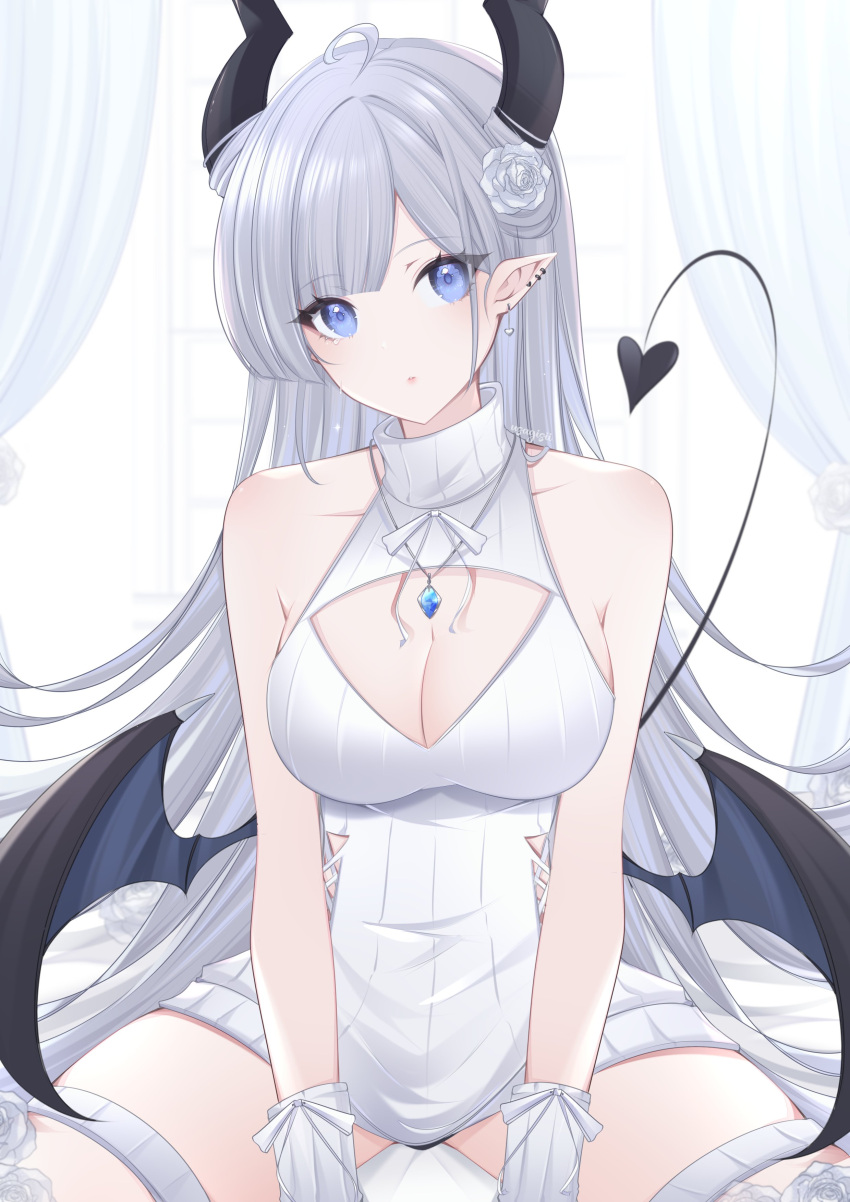 1girl absurdres ahoge bare_shoulders blue_eyes breasts cleavage cleavage_cutout clothing_cutout cowboy_shot demon_girl demon_horns demon_tail earrings grey_hair highres horns jewelry large_breasts long_hair looking_at_viewer low_wings necklace original shirt sitting solo tail thea_(nekojira) thighs usagisii very_long_hair white_shirt wings