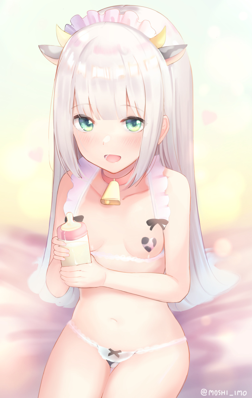 1girl absurdres animal_ears bell bottle breasts censored collar cow_ears cow_horns green_eyes happy_new_year headband highres horns long_hair milk milk_bottle moleshi navel open_mouth original small_breasts stomach white_hair