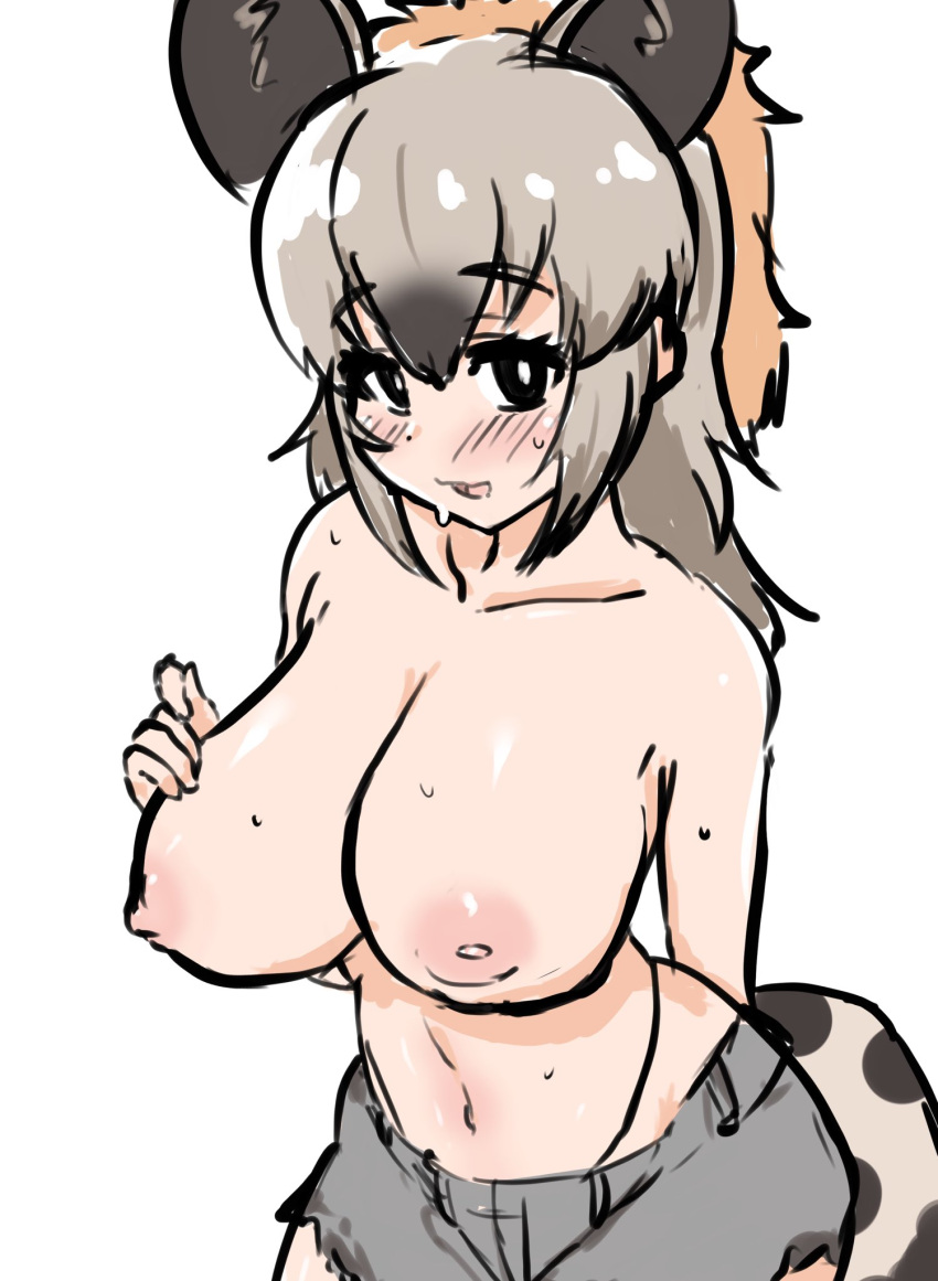 1girl akaisuto animal_ears arm_behind_back bangs black_eyes black_hair blush breasts bright_pupils brown_hair collarbone extra_ears grey_hair hand_on_own_chest hand_up highleg highleg_panties highres huge_breasts hyena_ears hyena_girl hyena_tail kemono_friends long_hair looking_at_viewer multicolored_hair navel nipples panties panty_straps parted_bangs parted_lips shorts sidelocks simple_background sketch smile solo spotted_hyena_(kemono_friends) stomach sweat tail topless underwear white_background white_pupils