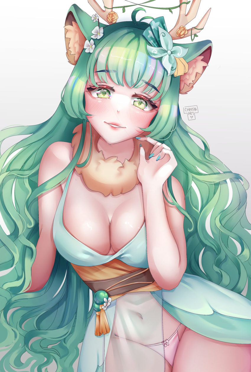 1girl absurdres animal_ear_fluff animal_ears antler_ornament antlers blush breasts chaisia_art cleavage deer_ears dress english_commentary flower fur-trimmed_dress fur_trim green_eyes green_hair green_nails hair_flower hair_ornament haruka_karibu highres large_breasts long_hair looking_at_viewer nail_polish navel panties reindeer_antlers reindeer_girl see-through see-through_dress smile underwear virtual_youtuber vshojo white_panties