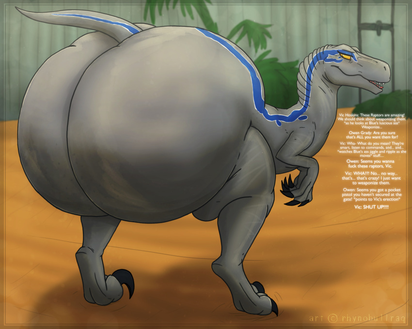 absurd_res big_butt blue_markings bubble_butt butt containment containment_cell dinosaur dromaeosaurid edit_by_uploader enormous female feral glistening grey_body grey_scales hi_res huge_butt huge_thighs hyper hyper_butt jurassic_park jurassic_world looking_at_butt looking_back markings multicolored_body open_mouth pinup pose presenting presenting_hindquarters rear_view reptile scales scalie sexy_eyes smile solo text_edit theropod thick_thighs two_tone_body universal_studios velociraptor wide_hips yellow_eyes