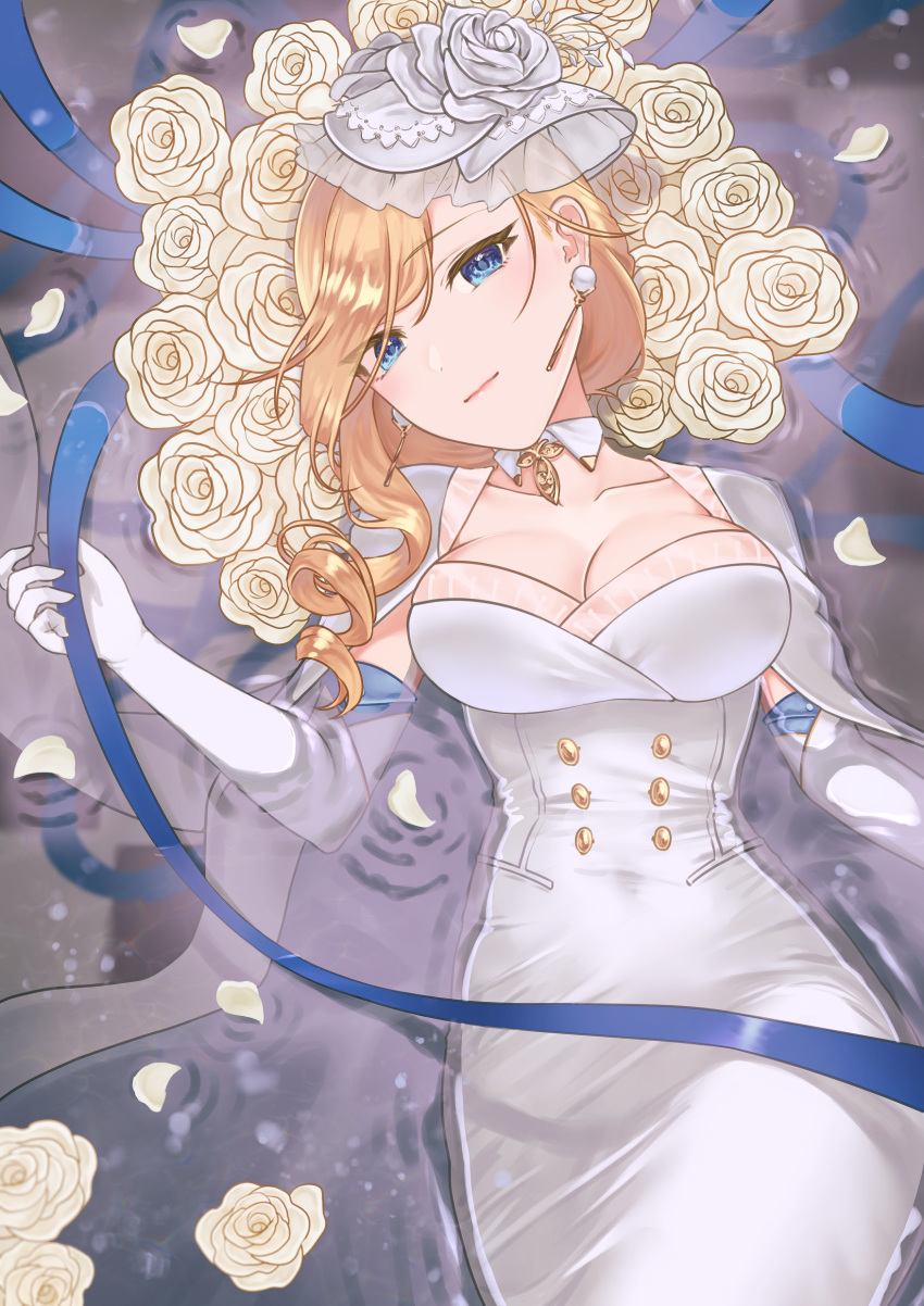 1girl absurdres araarakawayui azur_lane blonde_hair blue_eyes breasts buttons cleavage closed_mouth coat coat_on_shoulders collarbone covered_navel cowboy_shot curvy detached_collar double-breasted dress drill_hair earrings flower gloves hair_flower hair_ornament hair_over_shoulder highres hood_(azur_lane) hood_(dawnlight's_dame)_(azur_lane) jewelry long_hair lying on_back partially_submerged petals petals_on_liquid rose smile solo water wedding_dress white_dress white_flower white_gloves white_rose wide_hips